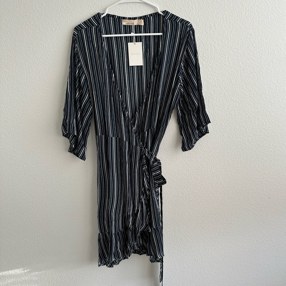 NWT Beachgold Stripe Wrap Dress | Navy Blue | Size Small